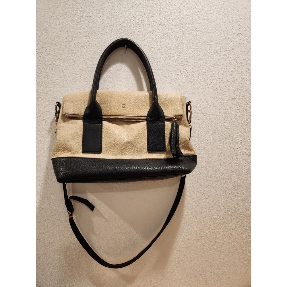 Kate Spade Satchel Crossbody Black Beige Leather Tassel Designer Bag